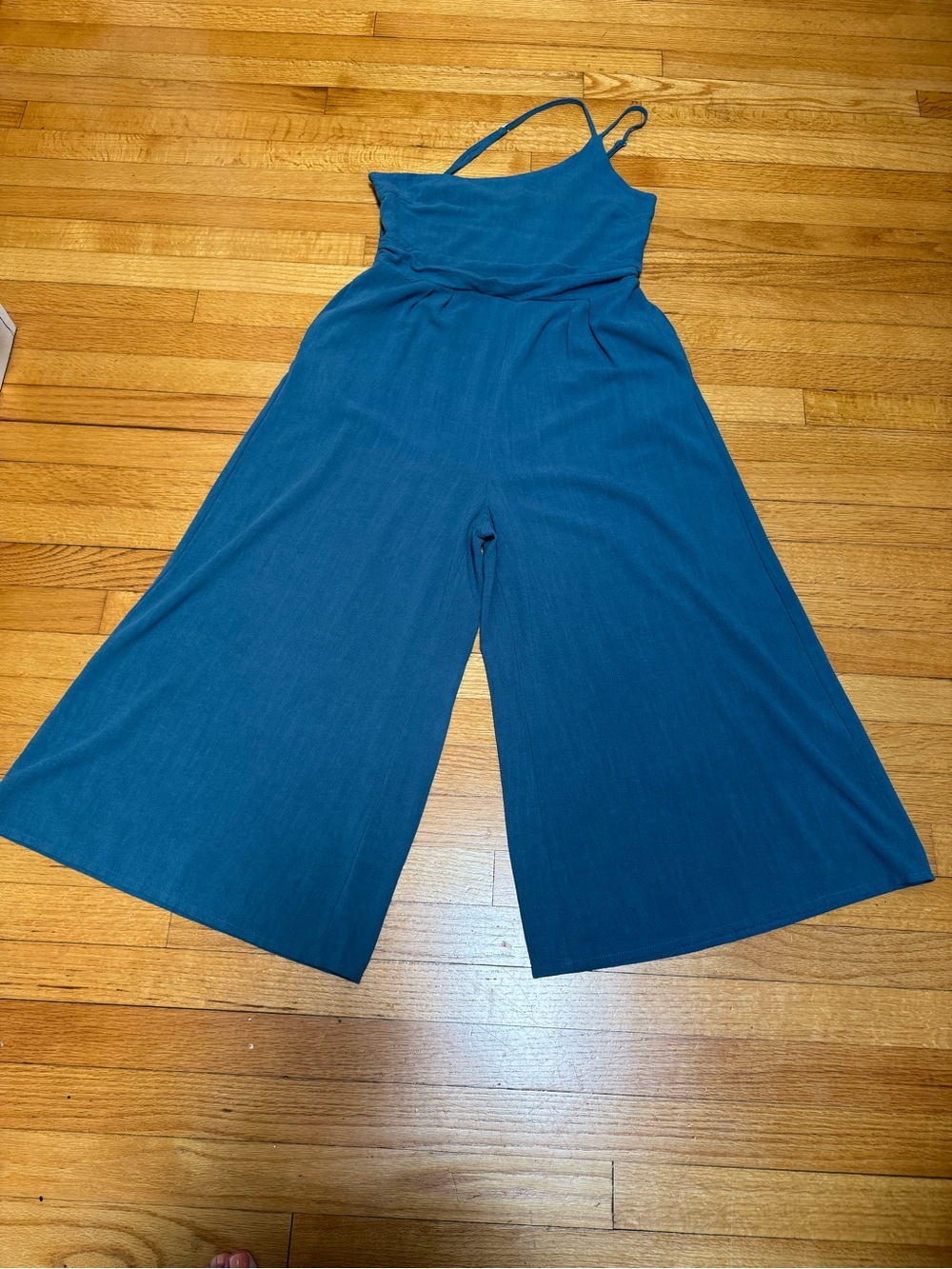 Anrabess Teal Linen-Blend Wide-Leg Smocked Jumpsuit Size Large Resortwear Boho